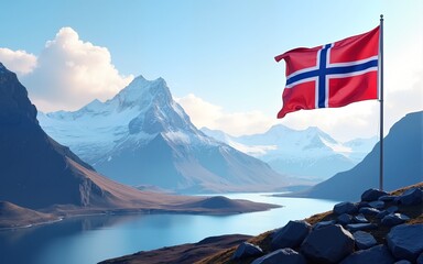 Icelandic national day celebration with flag and majestic mountain landscape. Horizontal banner. Copy space. Mountains and flag of Iceland. High quality