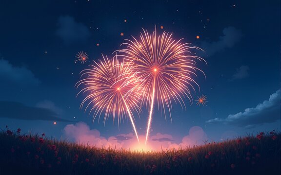 Illustration of fireworks exploding in the night sky over a grassy landscape with shooting stars above. High quality