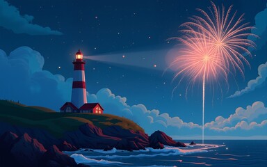 Illustration of a lighthouse on a hill with fireworks and stars in the night sky celebration scene. High quality