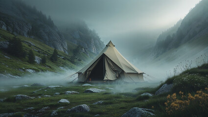 Tent in the misty mountain valley at dawn