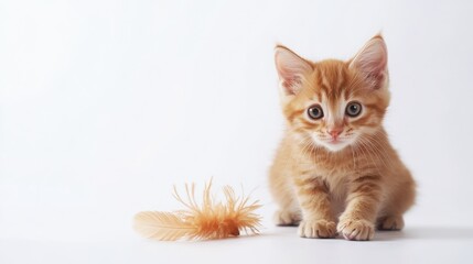 Adorable Ginger Kitten Playing with Feather Toy Cute Pet Photos, Playful Cat Images, Happy Feline Fun,  Kitten Stock Photography