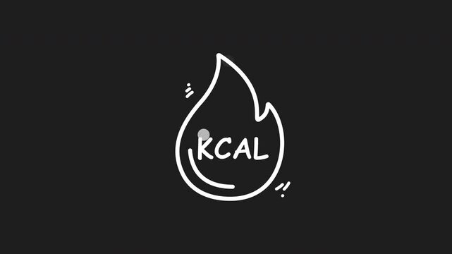 Calorie burning white line animation. Animated fire with the word kcal inside. Suitable for health and fitness content, nutrition labels, energy themes. Animated outline icon	