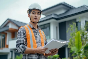 Asian inspector reviewing the structure of a new property and taking notes to prepare the house for sale to a client, Generative AI
