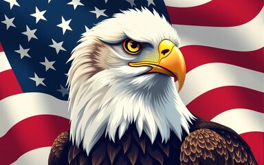 Illustration of an eagle head with detailed feathers and american flag waving in the background design. High quality