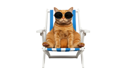 Funny Fat Cat in Striped Deck Chair with Sunglasses PNG Isolated
