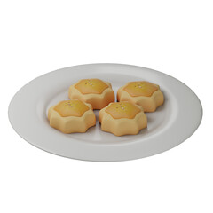 3D illustration of Kue Kenari, a sweet traditional cookie with a golden topping, beautifully plated for festive occasions and snack enjoyment.