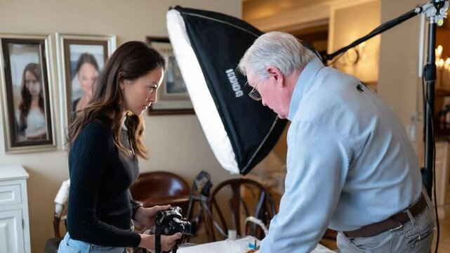 Behind the Lens: A photographer with assistant setting up a studio portrait shot with a professional camera and softbox in a home environment.