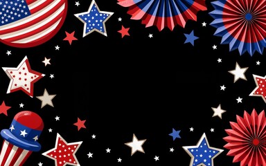 4th of July decorations on a black  background flat lay vector illustration. High quality