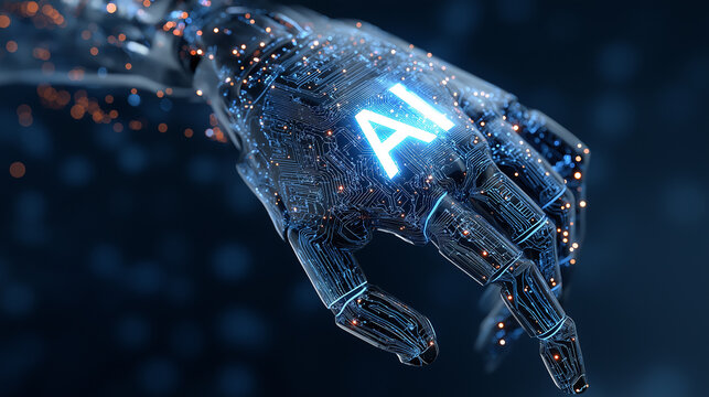 AI abbreviation in robot hand on dark blue background with electric circuit board pattern