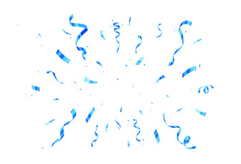 Sparkling Celebration: Burst of Blue Confetti and Streamers on White Background for Festivities.
