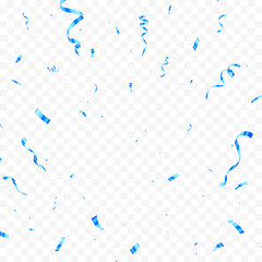 Celebratory Blue Confetti and Ribbon Streamers Falling on a Transparent Background Illustration.