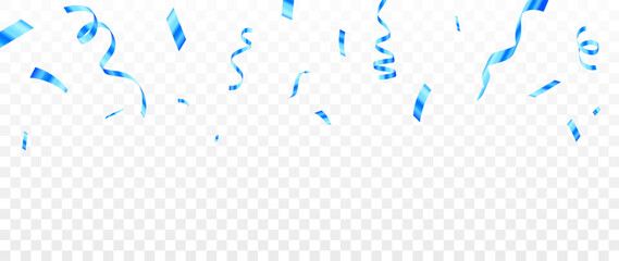 Fototapeta premium Celebration Background with Falling Blue Confetti and Ribbons on Transparent Backdrop.