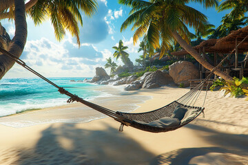 Hammock hanging between palm trees on a tropical beach with blue ocean view