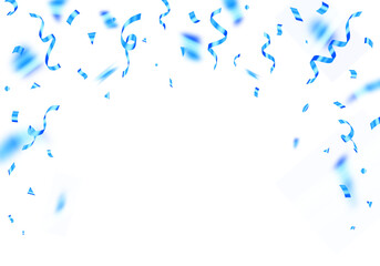 blue confetti and ribbon falling on a white celebration background. Falling shiny blue confetti isolated, Celebration carnival ribbons, confetti,