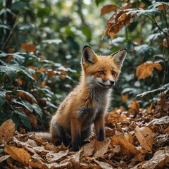 Fototapeta premium A jungle fox cub playing in the leaves, white background