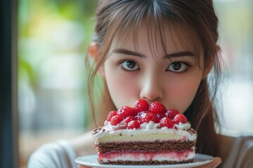 Asian women is fighting a diet by reject to eat cake to keep it from getting fat., Generative AI