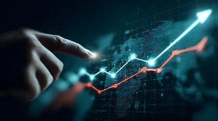 Hand Interacting with Teal and Red Data Graph Hologram