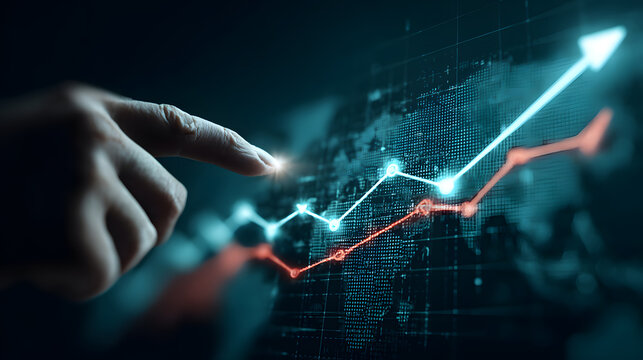 Hand Interacting with Teal and Red Data Graph Hologram