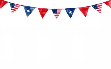 Set collection of Cute hand drawn 4th of july usa america independence day bunting flag garland blue navy red crayon watercolor brush grunge patriotic theme doodle kids illustration design clipart