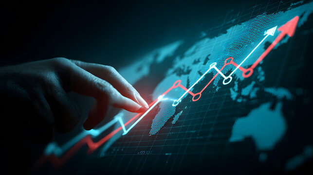 Hand Interacting with Teal Global Growth Chart Hologram