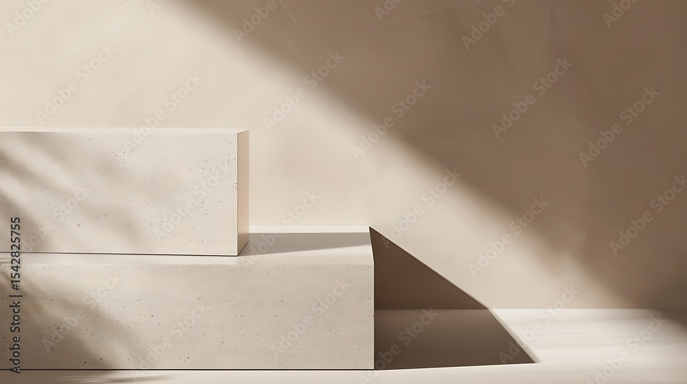 Poster two beige blocks are arranged in a studio setting with sunlight casting shadows on the wall creating