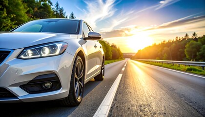 Sleek silver sedan with LED headlights speeds along a scenic highway during a radiant sunset journey