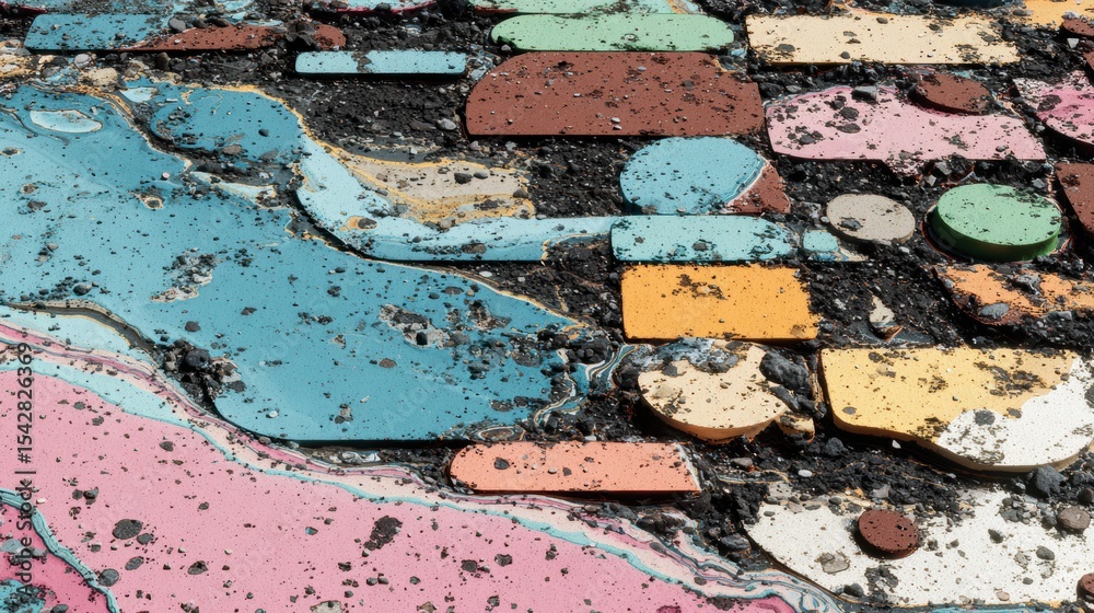 Aufkleber garbage textures stylized in abstract patterns reveal colorful designs on a surface, showcasing beau