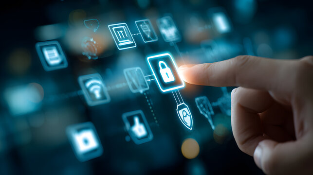 Hand Touching Digital Security Icon on Teal Interface