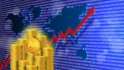 Vector economic poster. 3d stacks of glowing golden coins, world map and red up arrow. Blue digital background. Finance and savings