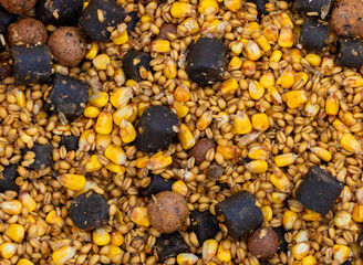 Close-up of bait made from a mixture of seeds, boilies and pellets for carp fishing