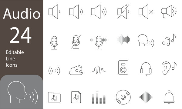 Audio Editable Line Icons Set. Sound, speaker, microphone, music, multimedia, equalizer, audio and more. Vector illustration