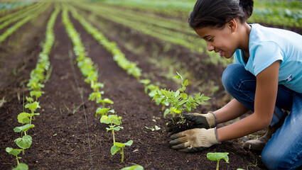 A Young Girl Planting Seedlings in a Field Shows Growth and Promise for the Future Agricultural Endeavors and Land Stewardship