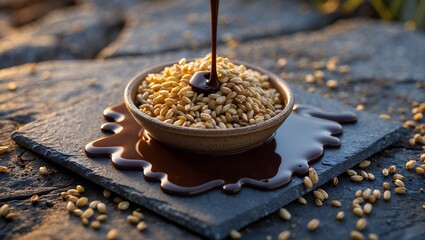 Pouring Chocolate Sauce Over Grains in Bowl on Slate Plate