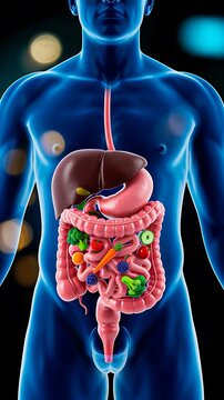 Healthy Digestion Human Anatomy Illustration showing digestive system organs filled with nutritious fruits vegetables