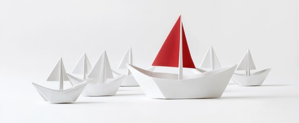 A single origami boat with a red sail stands out among many white origami boats