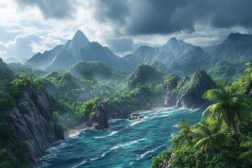 A scenic view of a tropical coastline with mountains and lush vegetation