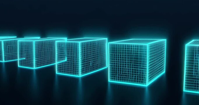 Minimalist futuristic animation of slowly rotating glowing cubes, arranged neatly in rows, floating gently in dark blue space. These cubes softly pulse with blue-green neon outlines, symbolizing futur