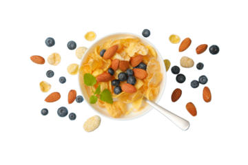 Bowl of cereal topped with fruits and nuts, isolated on white, PNG