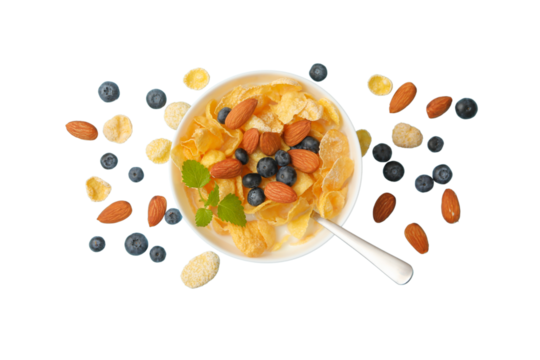 Bowl of cereal topped with fruits and nuts, isolated on white, PNG
