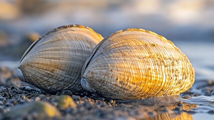 Two clam shells resting on the shore.