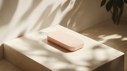 Light, blush-toned rectangular object on a light beige platform, natural light