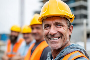 Portrait of a happy construction worker at a building site with a group of workers at the background