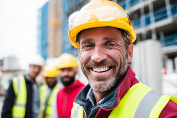 Portrait of a happy construction worker at a building site with a group of workers at the background