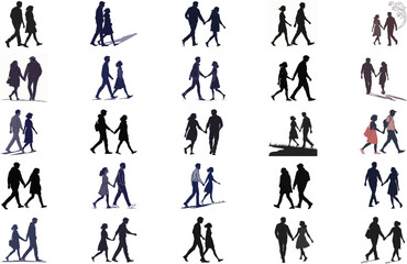  Bundle silhouette walking couple on white background 