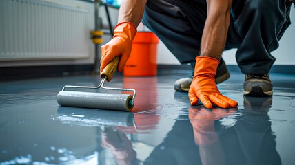 A worker applies epoxy floor coating using a roller ensuring a smooth professional finish for a durable surface.