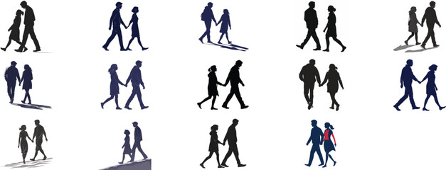  Bundle silhouette walking couple on white background 