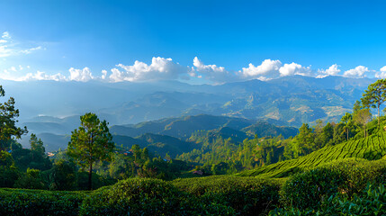 Fototapeta premium beautiful panorama of the landscape of tea plantations in the rays of the morning sun