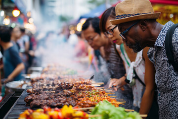 multicultural group of travelers sharing street food in local market, vibrant energy, 