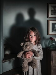 A real dramatic photograph of a little girl standing indoors in dim, moody lighting, holding a soft beige teddy bear close to her chest. 
