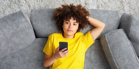 overhead photo of gen z woman laying on couch using smartphone 